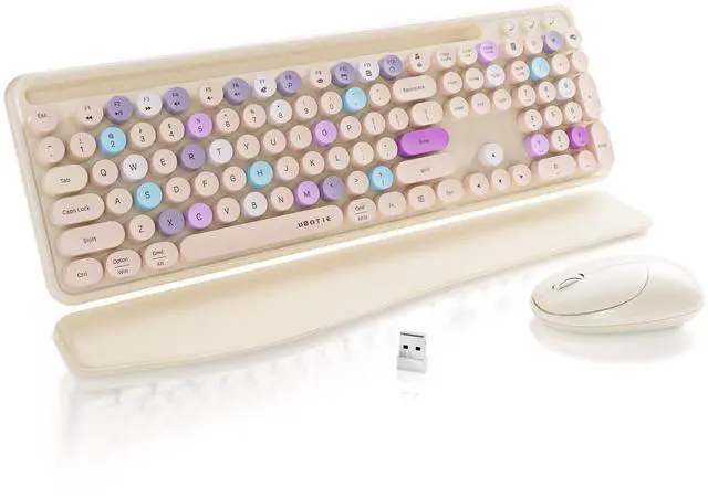 Main image of FCPLU xUBOTIE Wireless Keyboard and Mouse, Colorful 104-Key QWERTY with Round Keys, Phone Holder, Wrist Rest, Power Buttons, 2.4GHz USB for PC Laptop(Khaki Colorful