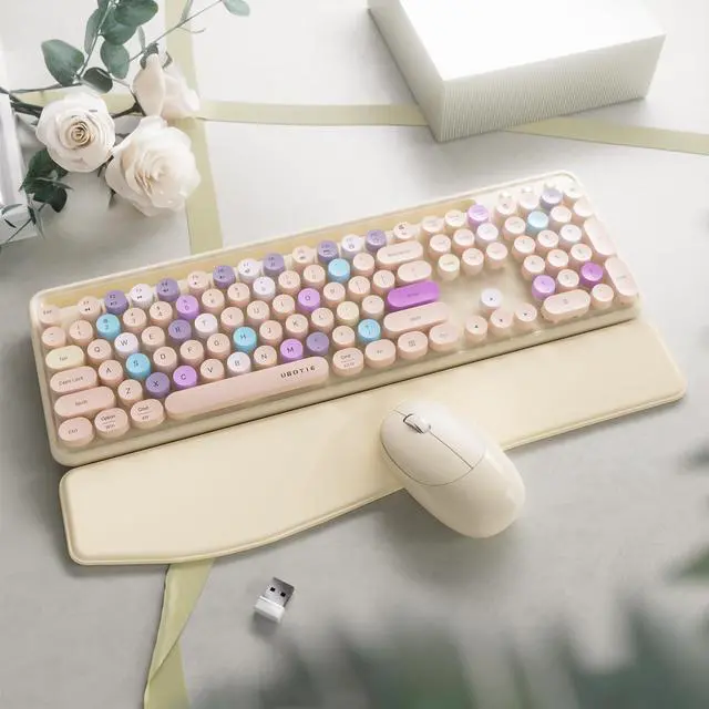 Alt view image 2 of 5 - FCPLU xUBOTIE Wireless Keyboard and Mouse, Colorful 104-Key QWERTY with Round Keys, Phone Holder, Wrist Rest, Power Buttons, 2.4GHz USB for PC Laptop(Khaki Colorful