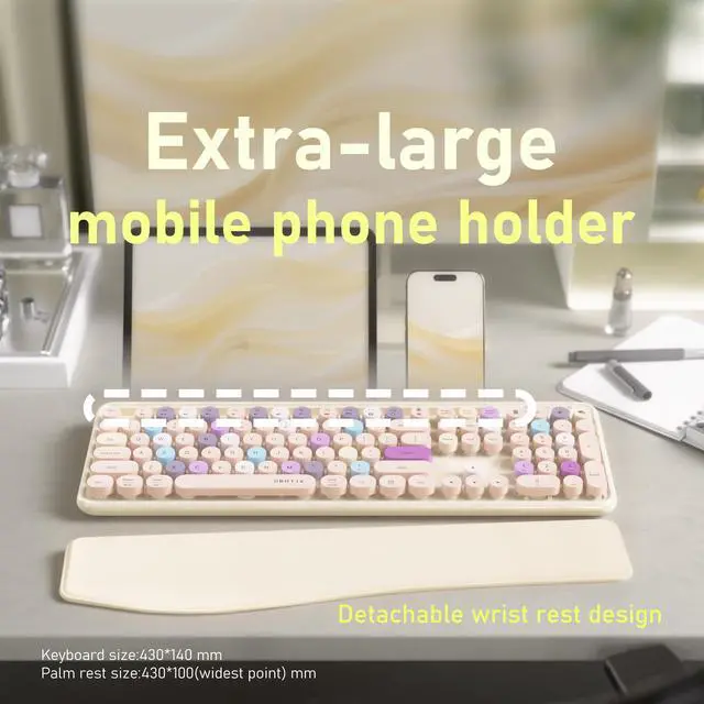 Alt view image 4 of 5 - FCPLU xUBOTIE Wireless Keyboard and Mouse, Colorful 104-Key QWERTY with Round Keys, Phone Holder, Wrist Rest, Power Buttons, 2.4GHz USB for PC Laptop(Khaki Colorful