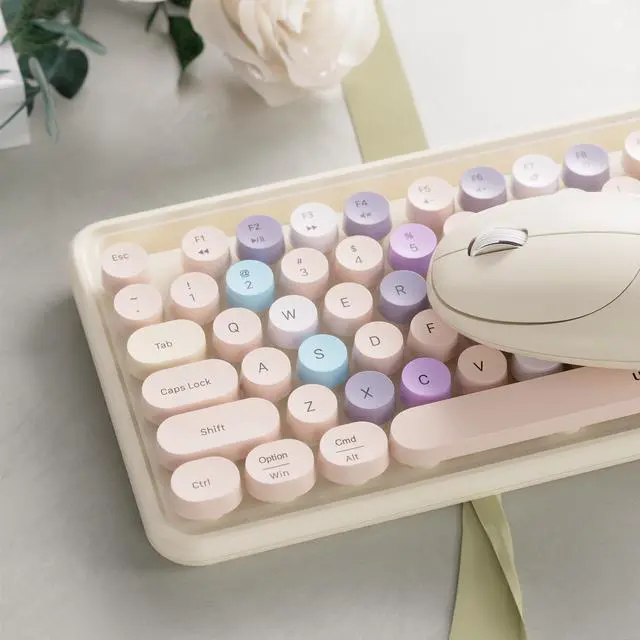 Alt view image 3 of 5 - FCPLU xUBOTIE Wireless Keyboard and Mouse, Colorful 104-Key QWERTY with Round Keys, Phone Holder, Wrist Rest, Power Buttons, 2.4GHz USB for PC Laptop(Khaki Colorful