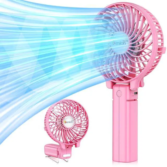 Alt view image 2 of 5 - VersionTECH. Portable Handheld Fan 2Pack, Pink+Blue Powerful 180° Foldable Rechargeable Clip Fan with 3 Speeds