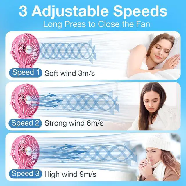 Alt view image 4 of 5 - VersionTECH. Portable Handheld Fan 2Pack, Pink+Blue Powerful 180° Foldable Rechargeable Clip Fan with 3 Speeds