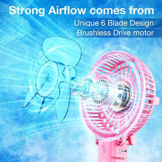 Alt view image 3 of 5 - VersionTECH. Portable Handheld Fan 2Pack, Pink+Blue Powerful 180° Foldable Rechargeable Clip Fan with 3 Speeds