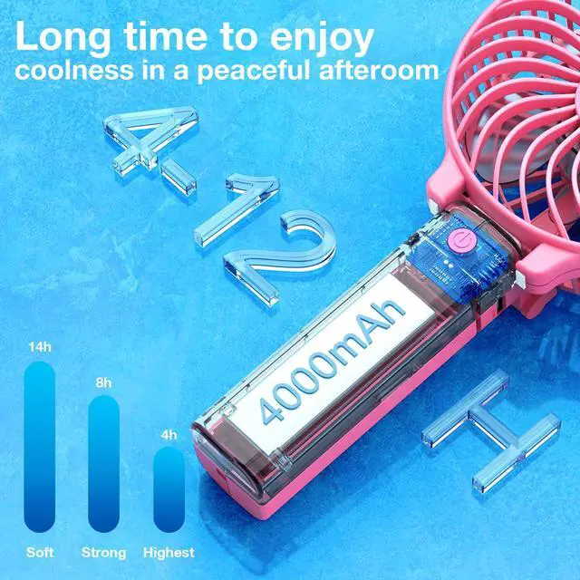 Alt view image 5 of 5 - VersionTECH. Portable Handheld Fan 2Pack, Pink+Blue Powerful 180° Foldable Rechargeable Clip Fan with 3 Speeds