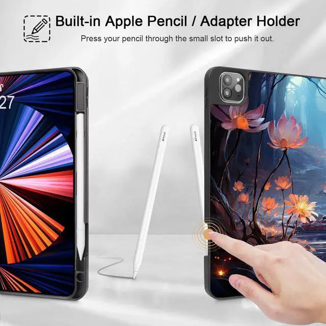 Alt view image 3 of 5 - Tuiklol for iPad Pro 13 inch 2025 2024 Release M5/M4 Chip - Built in Pencil Holder Ultra Retina Slim Protective Stand Back Cover with Smart Trifold Stand Auto Wake/Sleep, Ethereal Flowers
