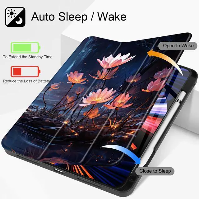 Alt view image 2 of 5 - Tuiklol for iPad Pro 13 inch 2025 2024 Release M5/M4 Chip - Built in Pencil Holder Ultra Retina Slim Protective Stand Back Cover with Smart Trifold Stand Auto Wake/Sleep, Ethereal Flowers