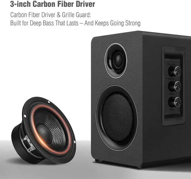 Alt view image 2 of 5 - Computer Speakers for Desktop PC, Active Bookshelf Speaker with 3 Carbon Fiber Woofer and Silk Film Tweeter ,Supports Bluetooth 5.3, USB-C, AUX/RCA Input for Record Player TV - Black Stereo Set