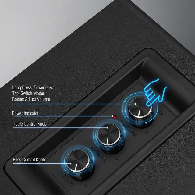 Alt view image 4 of 5 - Computer Speakers for Desktop PC, Active Bookshelf Speaker with 3 Carbon Fiber Woofer and Silk Film Tweeter ,Supports Bluetooth 5.3, USB-C, AUX/RCA Input for Record Player TV - Black Stereo Set