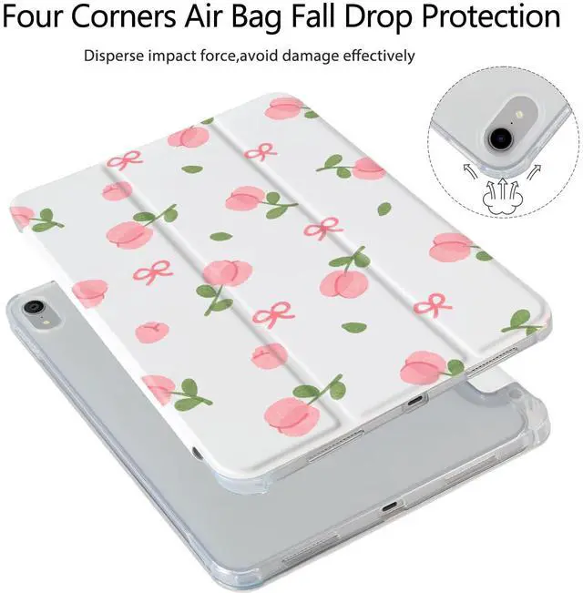 Alt view image 3 of 5 - Girly Pink Bow Tulip Case for iPad 11 inch (A16 Chip) 2025 Generation 11th/iPad 10.9 inch 2022 10th Gen with Pencil Holder and Auto Sleep/Wake,White Leather Soft TPU Back Shell Stand Cover