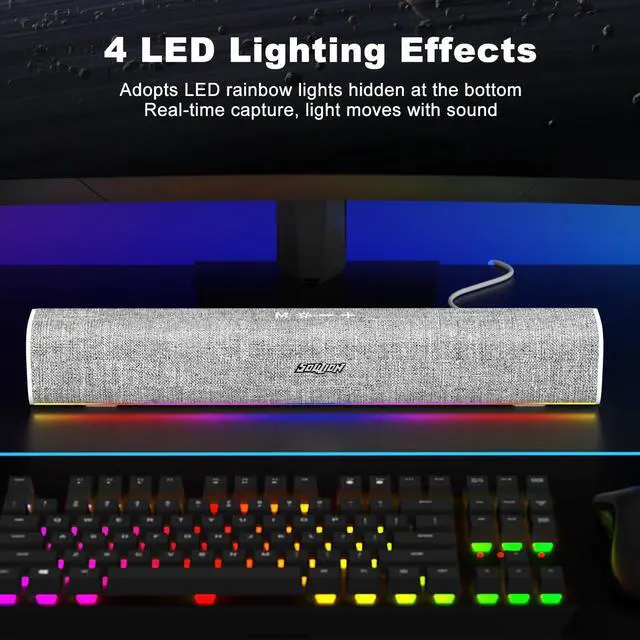 Alt view image 2 of 5 - SOULION R100 Bluetooth Computer Speakers with Dynamic LED Light, USB Plug & Play PC Speakers with Switch Button, Clearly Sound Soundbar for Desktop Laptop Monitor White (USB-C to USB Adapter Included)