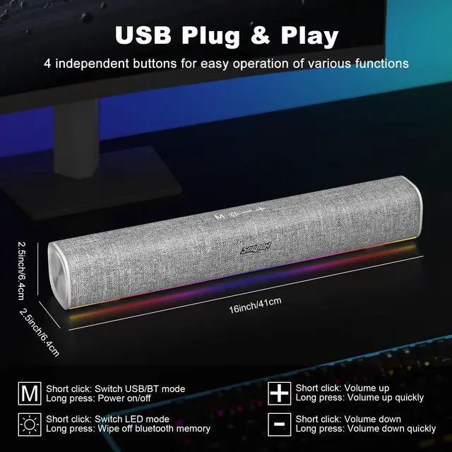 Alt view image 4 of 5 - SOULION R100 Bluetooth Computer Speakers with Dynamic LED Light, USB Plug & Play PC Speakers with Switch Button, Clearly Sound Soundbar for Desktop Laptop Monitor White (USB-C to USB Adapter Included)