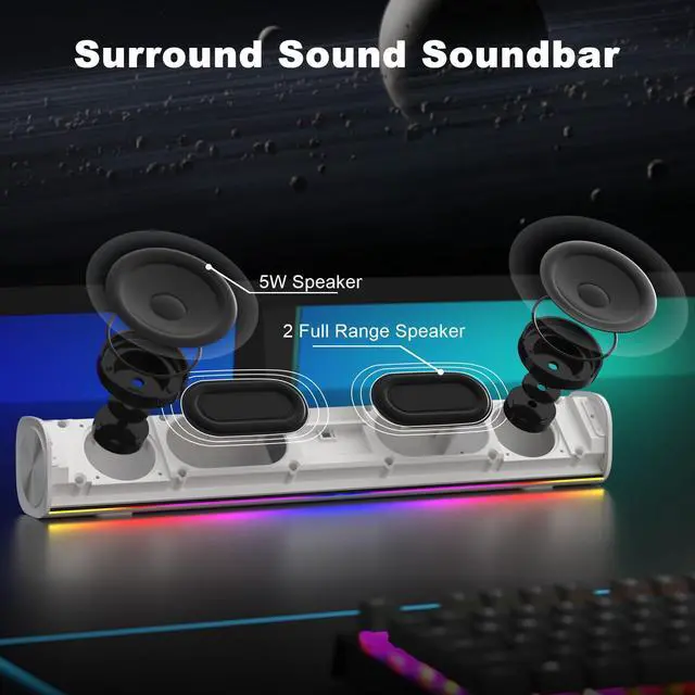 Alt view image 5 of 5 - SOULION R100 Bluetooth Computer Speakers with Dynamic LED Light, USB Plug & Play PC Speakers with Switch Button, Clearly Sound Soundbar for Desktop Laptop Monitor White (USB-C to USB Adapter Included)