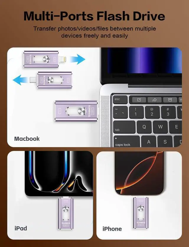 Alt view image 2 of 5 - TEARMOS 256GB Photo Stick for iPhone Flash Drive, Memory Stick Phone Storage for Photos and Videos Files Backup, Compatible with iPhone iPad Android PC, Plug & Play, No App Required (Purple)
