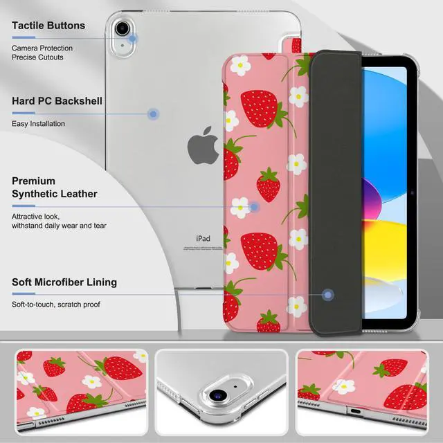 Alt view image 3 of 5 - MEEgoodo for iPad A16 11th Generation Case 2025 11 inch, Tablet Cases for iPad 10th Generation 2022, Tablet Cover with Silk Texture & PC Clear Back Cover, Strawberries & Flowers