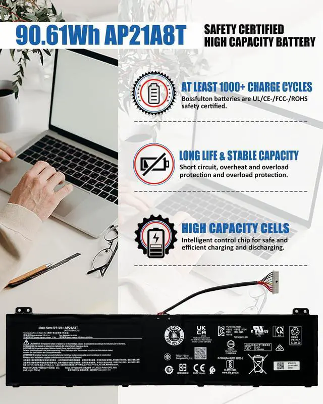 Alt view image 2 of 5 - AP21A8T AP21A7T 8-cell 90.61Wh Battery Replacement for Acer Predator Helios 300 PH317-56-78LY PH315-55-72EA PH315-55-770K PH315-55-965Z,15 7000 7558 7568 13 7353 7359 Series AP21A5T- 15.4V 5716mAh