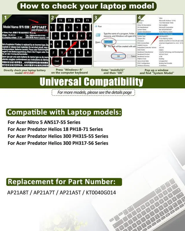 Alt view image 3 of 5 - AP21A8T AP21A7T 8-cell 90.61Wh Battery Replacement for Acer Predator Helios 300 PH317-56-78LY PH315-55-72EA PH315-55-770K PH315-55-965Z,15 7000 7558 7568 13 7353 7359 Series AP21A5T- 15.4V 5716mAh