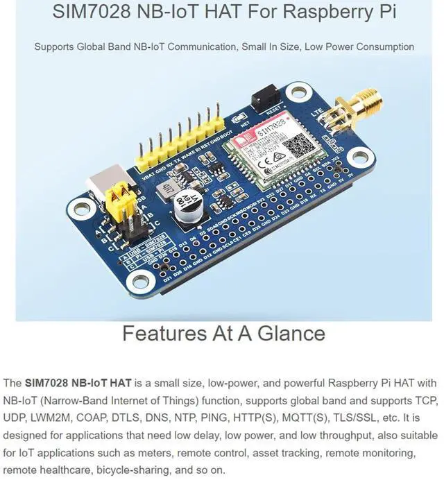 Alt view image 2 of 5 - SIM7028 NB-IoT HAT for Raspberry Pi 5/4B/3B+/2B/Zero/Zero 2W and Jetson Nano,Onboard 40PIN GPIO Header, Supports Global Band NB-IoT Communication with GSM Antenna Type-C Interface