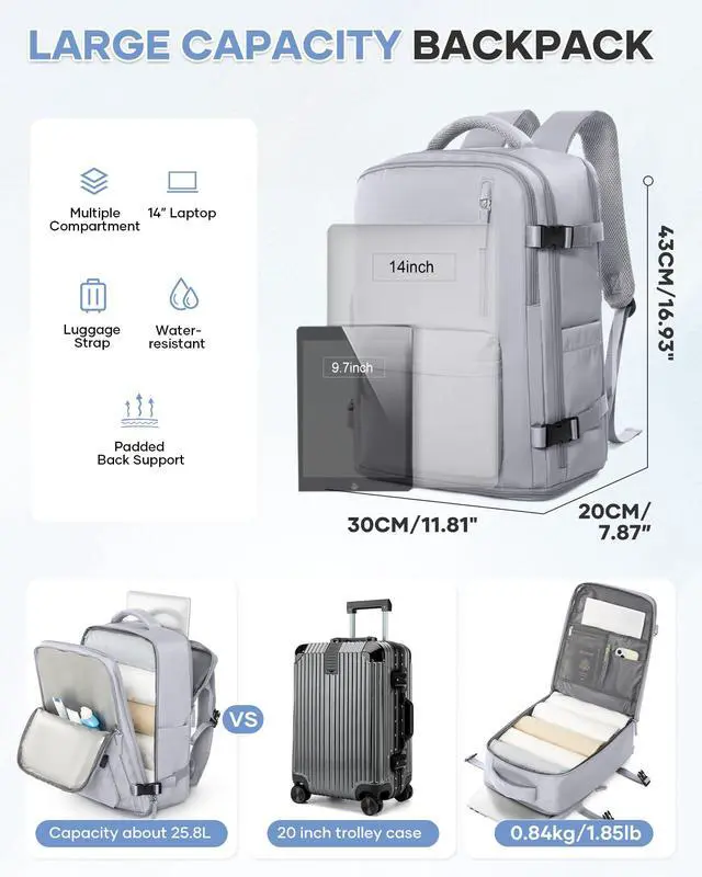 Alt view image 5 of 5 - WONHOX Large Travel Backpack Women, Carry On Backpack,Backpack Waterproof Outdoor Sports Rucksack Casual Daypack, Grey