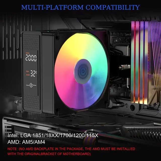Alt view image 3 of 5 - RUIXMIIDII CPU Air Cooler with Display, 4 Pure Copper Heat Pipes, 120mm ARGB PWM Quiet Fan, Single Tower Computer CPU Cooling Fan, CPU Cooler for AM5/AM4, Intel LGA 1851/18XX/1700/1200/115X, Black