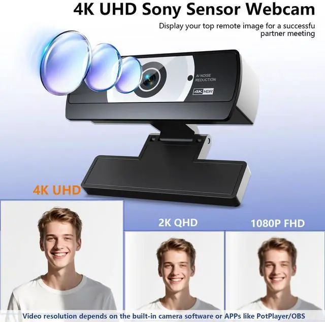 Alt view image 2 of 5 - 4K Webcam for PC - 4K Ultra HD Computer Camera with PDAF Autofocus, AI Noise-Canceling Mic, USB Plug & Play, 80° FOV & Auto Lighting Correction for Laptop & Desktop (Social Streaming Video Call)