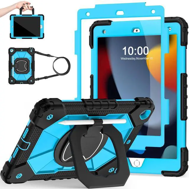 Main image of Scnioy Case for iPad 9th Generation iPad Case 9th 8th 7th Generation iPad 10.2 Inch iPad 9th Gen Cover with Screen Protector Pen Holder TabletCases for Kids 360° Rotating Stand, Black Blue