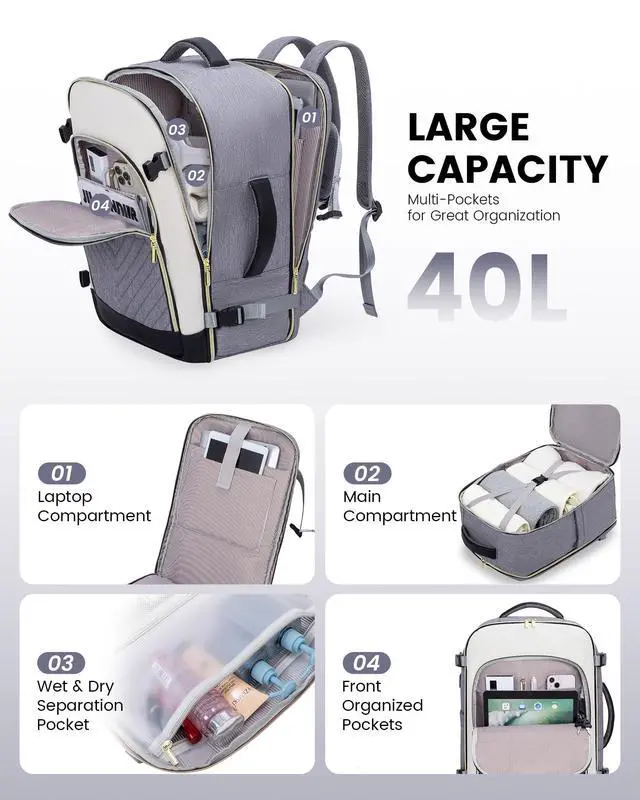 Alt view image 4 of 5 - LOVEVOOK Large Travel Backpack for Women, TSA Carry on Backpack for Airplanes, 40L Personal Item Travel Bag for Women fits 17" Laptop,Waterproof Carry on Bag Airplane Approved with 3 Packing Cubes