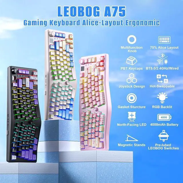 Alt view image 2 of 5 - LEOBOG A75 Alice Keyboard, 75% Hot-Swappable Mechanical Keyboard with Knob & Cat Keycaps, 2.4G/USB-C/BT5.0 Cute Gaming Keyboard for PC/Mac/Win/Andriod, Barbie Switch - White
