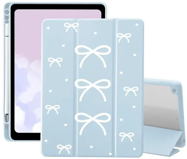 Main image of Bow Girly Case for iPad (A16) 11th Generation 2025 11 Inch/iPad 10th Generation 2022 10.9 Inch with Pencil Holder Trifold Stand Blue Leather Girly Cover Clear Back Shell Auto Wake/Sleep