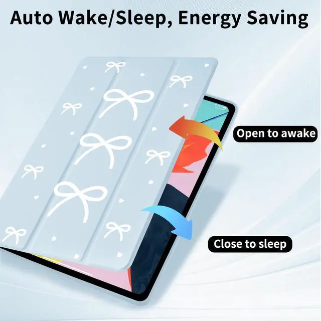 Alt view image 4 of 5 - Bow Girly Case for iPad (A16) 11th Generation 2025 11 Inch/iPad 10th Generation 2022 10.9 Inch with Pencil Holder Trifold Stand Blue Leather Girly Cover Clear Back Shell Auto Wake/Sleep