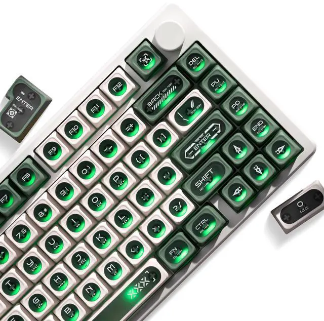 Main image of OHY XVX Green and White Shine Through Keycaps for Mechanical Keyboards - 136 Keys Green Translucent Cat Eye Design,Cherry MAX Profile, PC+PBT Frosted RGB Keycaps