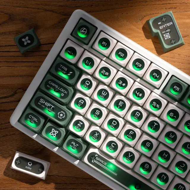 Alt view image 4 of 5 - OHY XVX Green and White Shine Through Keycaps for Mechanical Keyboards - 136 Keys Green Translucent Cat Eye Design,Cherry MAX Profile, PC+PBT Frosted RGB Keycaps
