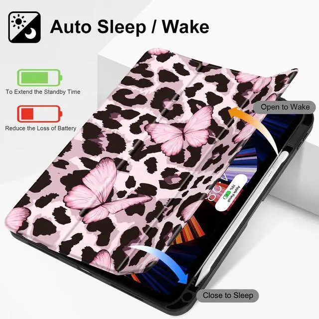 Alt view image 3 of 5 - Mektron Case for iPad Air 11 inch (M3 2025 7th /M2 2024 6th), Compatible with iPad Air 10.9" (2022 5th Gen /2020 4th Gen) Tablet Cover with Auto Wake/Sleep, Leopard Pink Butterfly