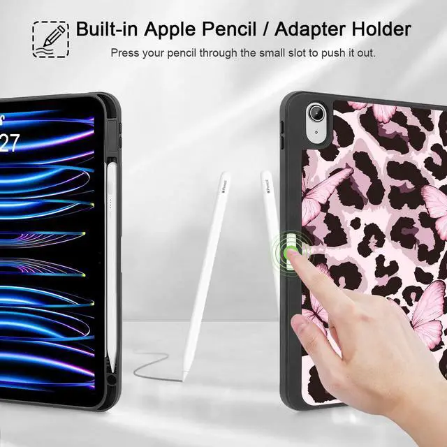 Alt view image 4 of 5 - Mektron Case for iPad Air 11 inch (M3 2025 7th /M2 2024 6th), Compatible with iPad Air 10.9" (2022 5th Gen /2020 4th Gen) Tablet Cover with Auto Wake/Sleep, Leopard Pink Butterfly