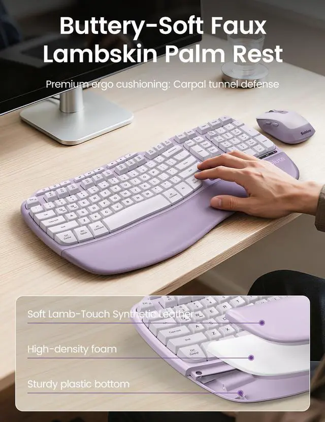 Alt view image 2 of 5 - Purple Ergonomic Wireless Keyboard and Mouse Combo, Sablute 2.4G Full Size Ergo Wave Key Board with Cushioned Plam Rest, Natural Typing, 3 DPI Adjustable Silent Mouse for Computer/Laptop/Windows/Mac