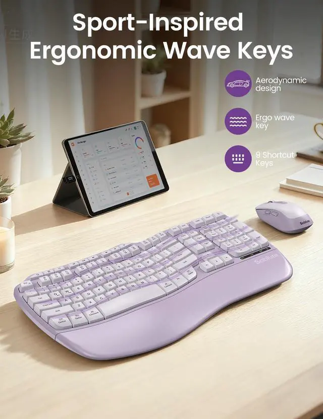 Alt view image 3 of 5 - Purple Ergonomic Wireless Keyboard and Mouse Combo, Sablute 2.4G Full Size Ergo Wave Key Board with Cushioned Plam Rest, Natural Typing, 3 DPI Adjustable Silent Mouse for Computer/Laptop/Windows/Mac