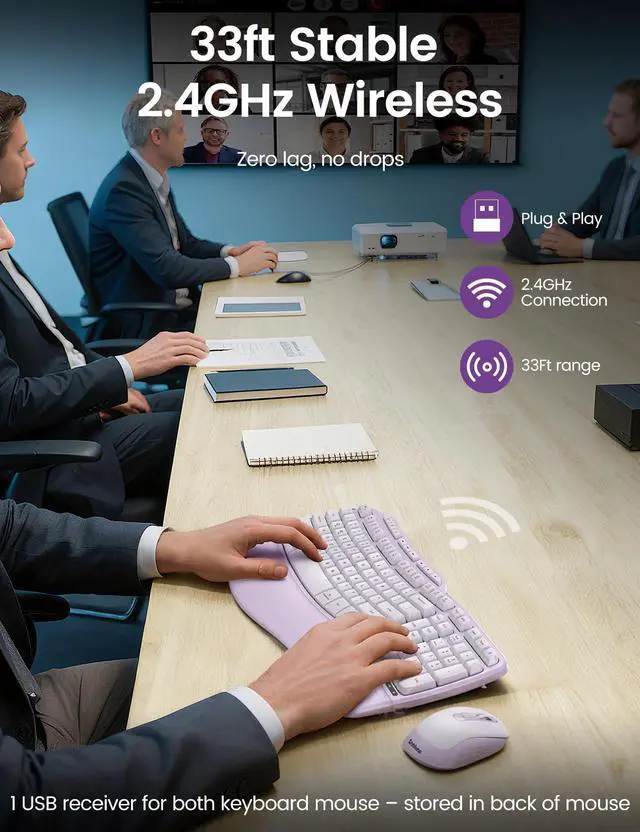 Alt view image 4 of 5 - Purple Ergonomic Wireless Keyboard and Mouse Combo, Sablute 2.4G Full Size Ergo Wave Key Board with Cushioned Plam Rest, Natural Typing, 3 DPI Adjustable Silent Mouse for Computer/Laptop/Windows/Mac