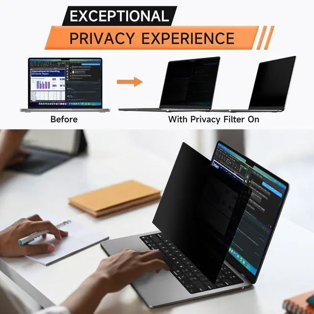 Alt view image 2 of 5 - 360° Privacy Screen for Macbook Pro 13 Inch (2016-2022, M1, M2) & Air 13 inch (2018-2021, M1), Anti Glare Blue Light Filter, Nano No Glue Anti Spy Black Protector for Mac Pro 13In Laptop Computer