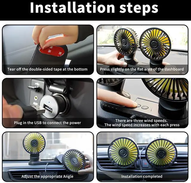 Alt view image 5 of 5 - HPYDIY Dual-Head USB Car Vent Fan - 360° Rotatable 3-Speed Cooling, Secure Adhesive Base, Quiet for SUVs, Trucks, Vans, RVs (2 black)