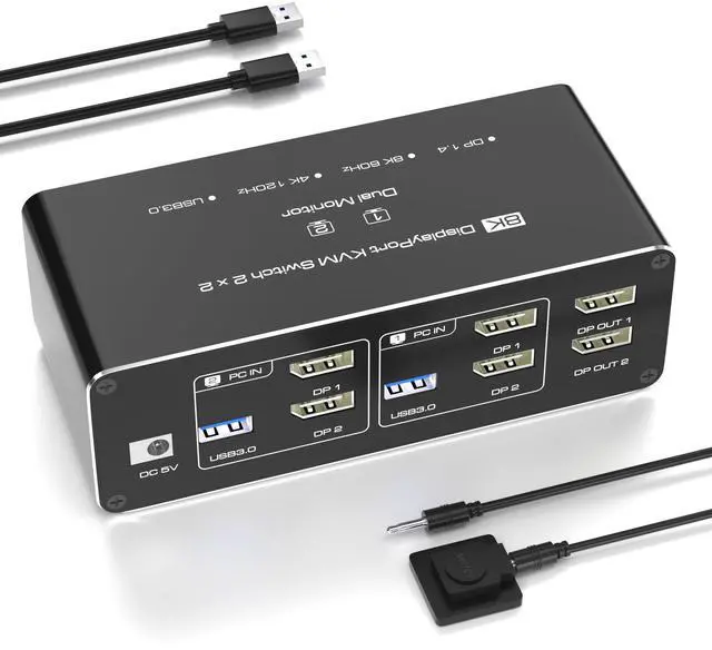 Main image of KVM Switch 2 Monitors 2 Computers DisplayPort 8K @60Hz, USB 3.0 KVM Switches for 2 Computers Share Dual Monitor and 4 USB Devices, DisplayPort KVM with Wired Controller Support Extend/Copy Mode