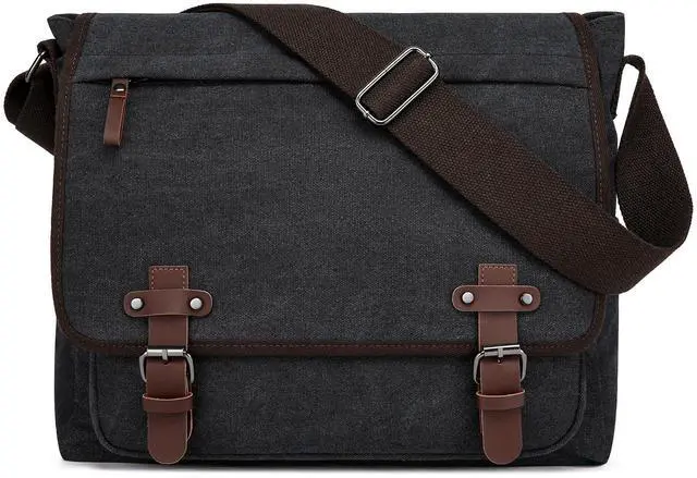 Main image of LUNLOPIK Mens Canvas Messenger Bag Vintage 15.6 Inch Laptop Satchel Bags Fits Computer, Black Briefcase Shoulder Bag for Work College Travel, Black