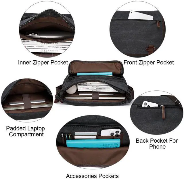 Alt view image 2 of 5 - LUNLOPIK Mens Canvas Messenger Bag Vintage 15.6 Inch Laptop Satchel Bags Fits Computer, Black Briefcase Shoulder Bag for Work College Travel, Black