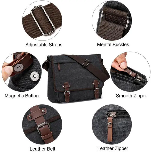 Alt view image 3 of 5 - LUNLOPIK Mens Canvas Messenger Bag Vintage 15.6 Inch Laptop Satchel Bags Fits Computer, Black Briefcase Shoulder Bag for Work College Travel, Black