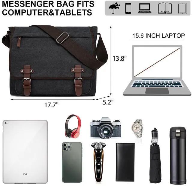 Alt view image 4 of 5 - LUNLOPIK Mens Canvas Messenger Bag Vintage 15.6 Inch Laptop Satchel Bags Fits Computer, Black Briefcase Shoulder Bag for Work College Travel, Black