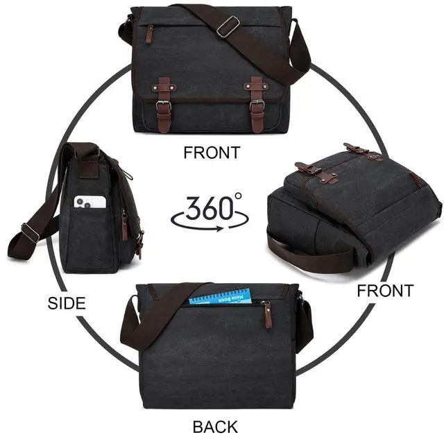 Alt view image 5 of 5 - LUNLOPIK Mens Canvas Messenger Bag Vintage 15.6 Inch Laptop Satchel Bags Fits Computer, Black Briefcase Shoulder Bag for Work College Travel, Black