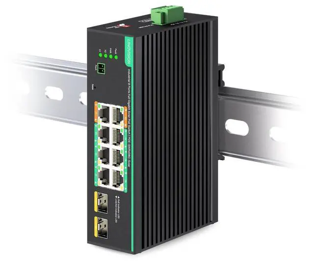 Main image of LINOVISION Industrial 8 Ports Full Gigabit PoE Switch Support DC 8~57V Input, 24V/ 12V PoE Switch for Solar or RV UPS System, 2 High PoE+ Ports for Big PTZ Cameras or Wireless APs. NDAA Compliant