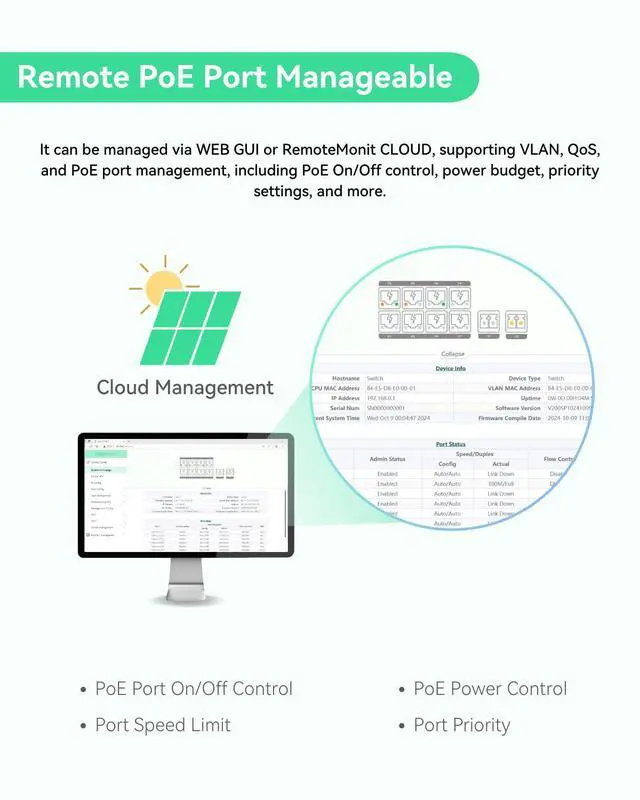Alt view image 5 of 5 - LINOVISION Industrial 8 Ports Full Gigabit PoE Switch Support DC 8~57V Input, 24V/ 12V PoE Switch for Solar or RV UPS System, 2 High PoE+ Ports for Big PTZ Cameras or Wireless APs. NDAA Compliant