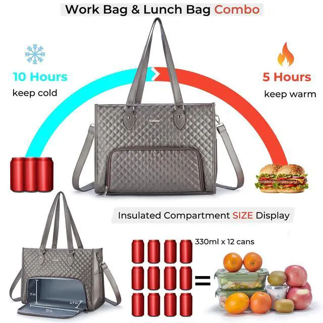 Alt view image 2 of 5 - Ralnitote Laptop Tote Bag with Insulated Lunch Compartment for Women, PU Leather 15.6 Inch Work Bag, Elegant Computer Handbag, Versatile Business Tote for Office,Travel or Casual-Mocha Bronze