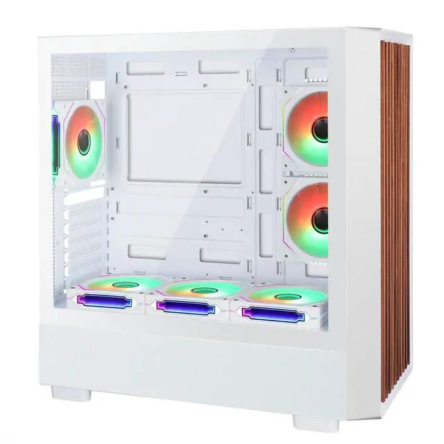 Main image of D2-W-F High Airflow Tempered Glass Side Panel Mid-Tower ATX PC Case - Walnut Wood Front with 6 ARGB PWM Fans Dual Chamber Gaming Chassis 360MM RAD Support for ATX/mATX/ITX Motherboards White
