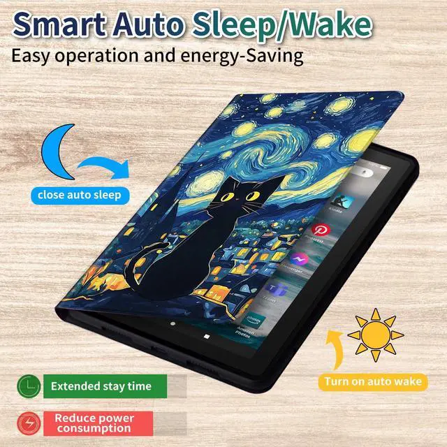 Alt view image 4 of 5 - DEGDFSGR for All-New Amazon Kindle Fire HD 10 Tablet (13th Generation, 2023 Release), Soft TPU Buffer PU Leather Cover, Auto Wake/Sleep 360° Swivel Stand for Kindle Fire 10, Starry Night Black Cat