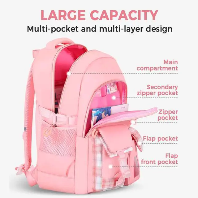 Alt view image 3 of 5 - Cute Backpack for Teen Girls Kids Kawaii Bookbag Large School Back Packs Aesthetic Travel Daypack Ages 6-8 8-10 10-12 (Pink,L)